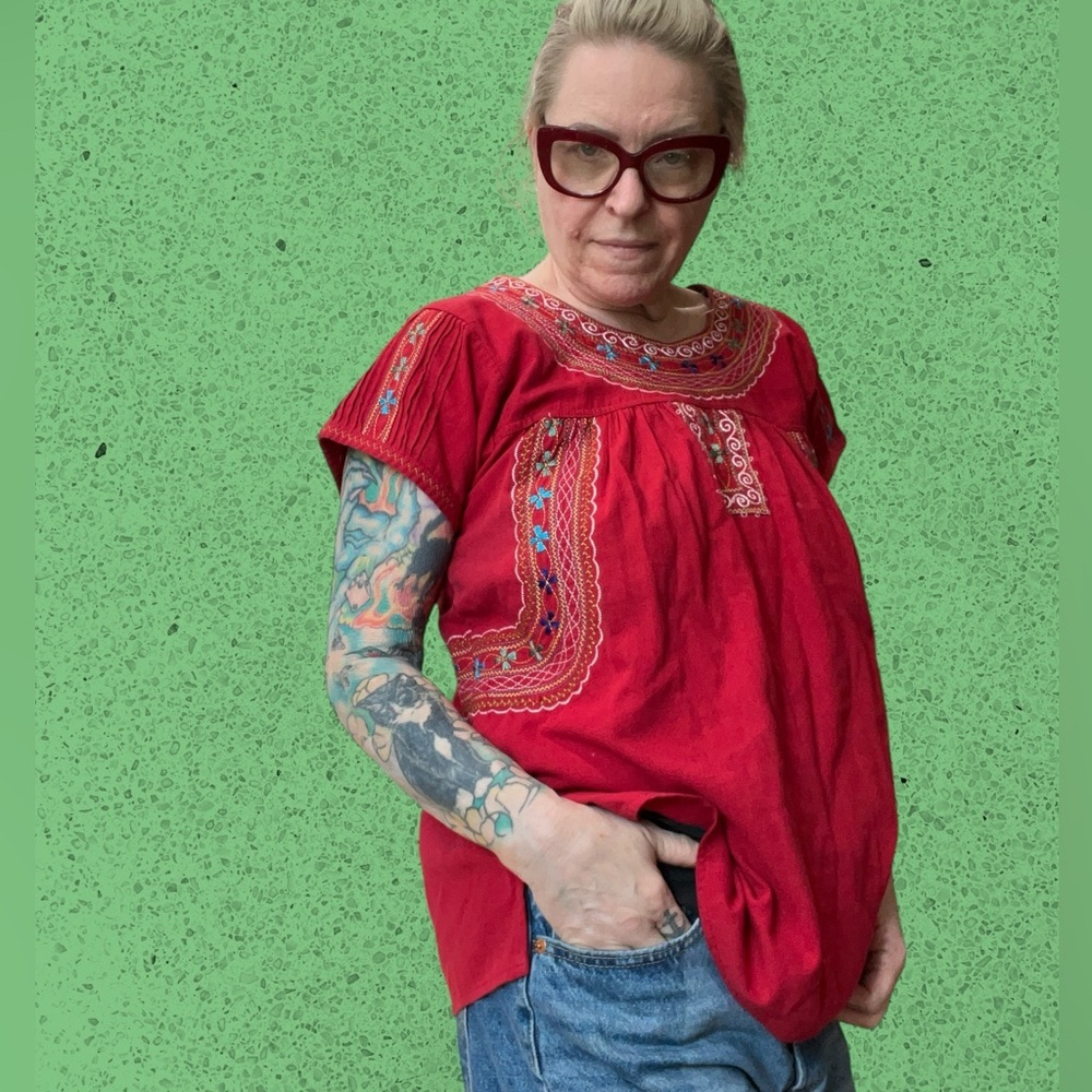 Vintage Red Embroidered Peasant Tunic - Picture 3 of 8
